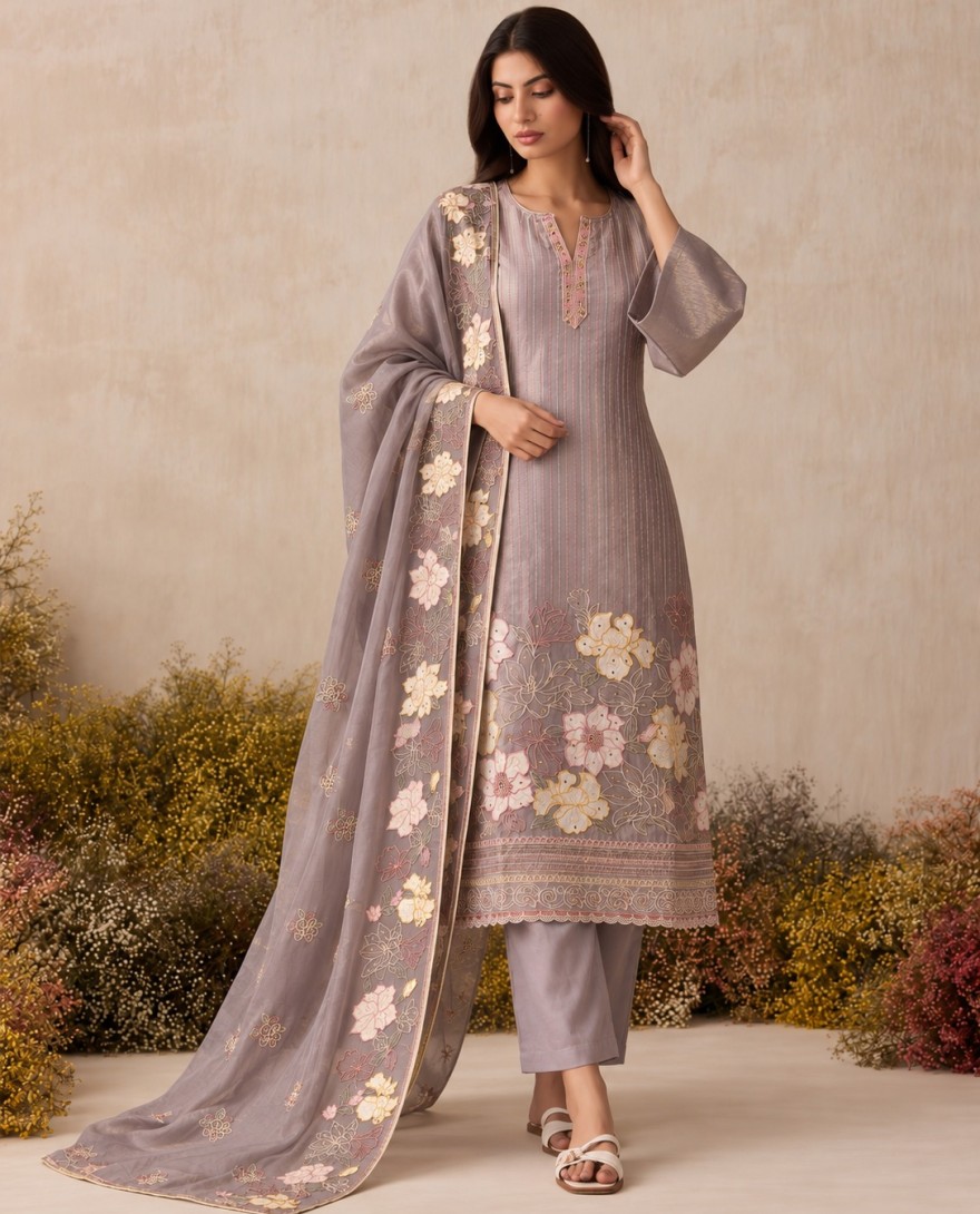 7115 - Lavender Shimmer Embroidered Work Readymade Salwar Suit